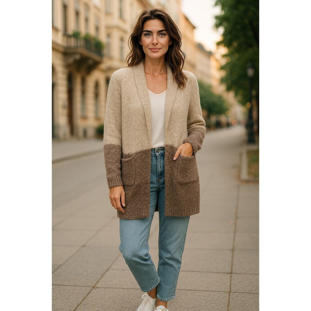 Bohme Plush Colorblock Long Sleeve Open Front  Cardigan Cream Tan Womens Size XS - Picture 11 of 11